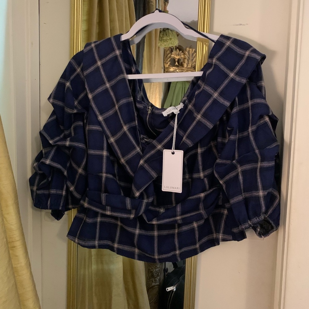 NWT Flawless Large Anthropologie Lulumari Blue Plaid V-Neck Crop Blouse
